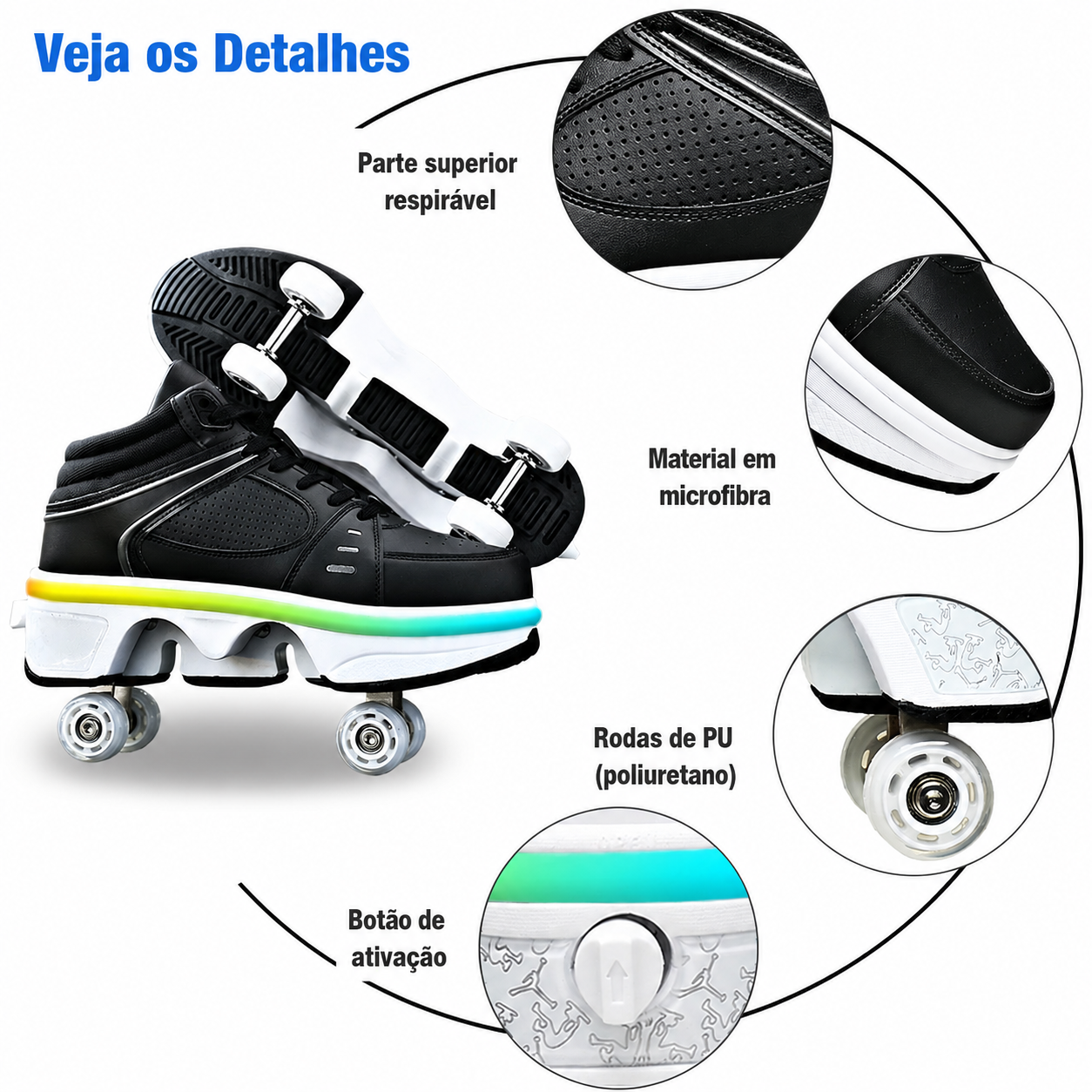 Detalhes do Mundo do Patins: parte superior respirável, material em microfibra, rodas de PU e botão de ativação
